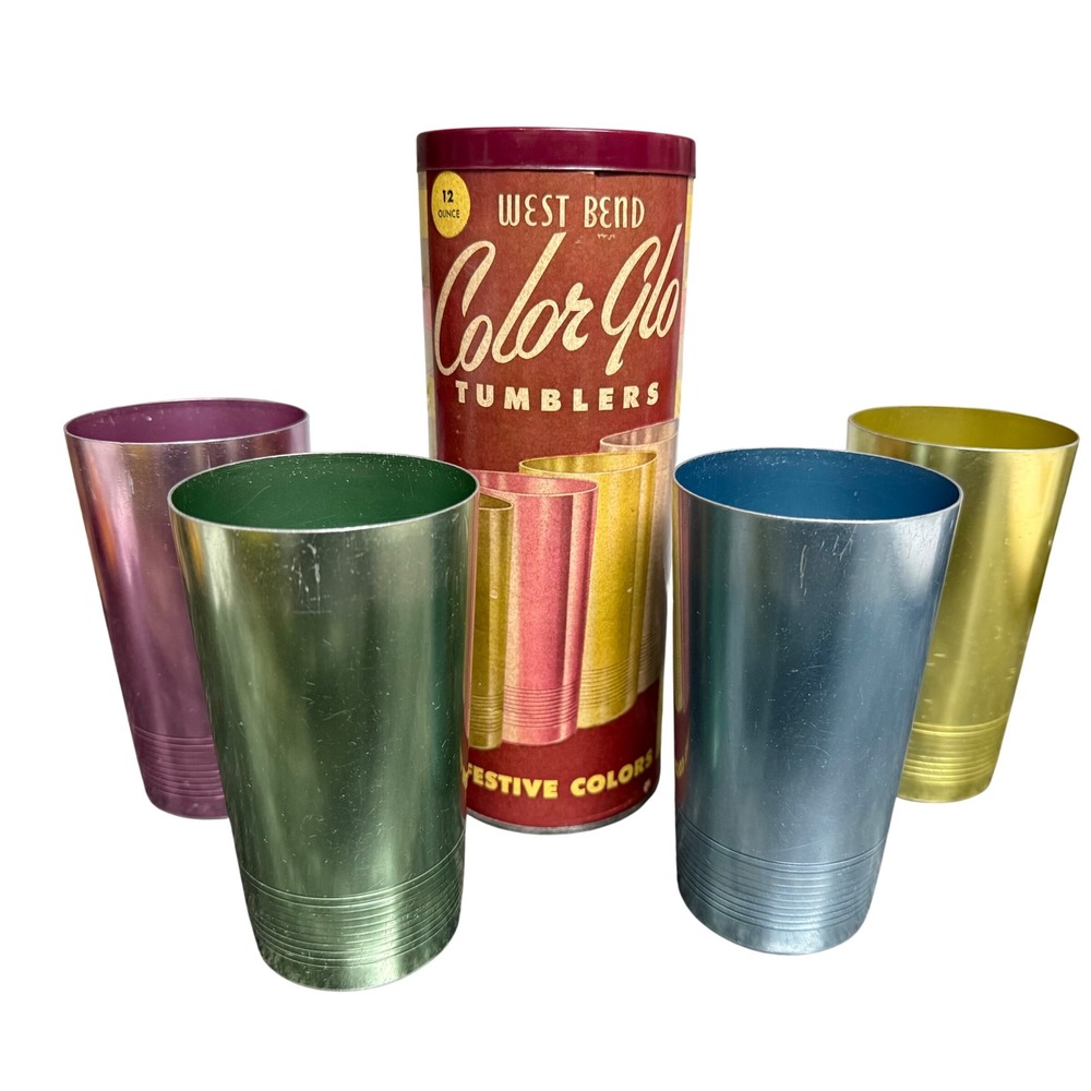 Vintage West Bend Color Glo Aluminum Tumblers Set of 4 with Original Canister